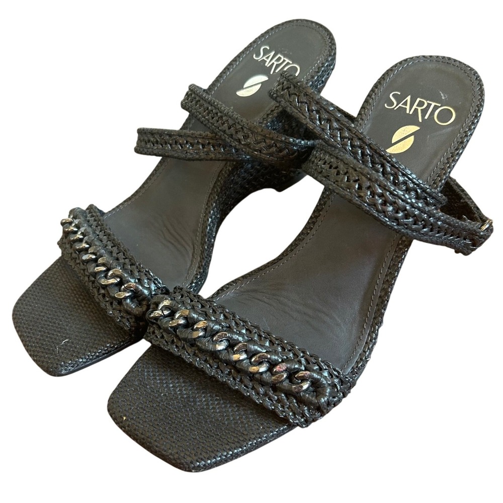 Sarto A-Frita Wedge Sandals Women Black Woven Chain Square Toe 8M